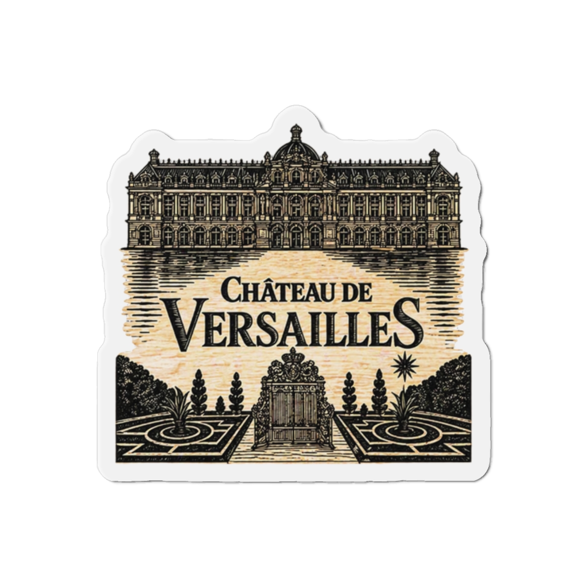 Wooden magnet with an engraved design of the Château de Versailles. The magnet shows the palace, the text "Château de Versailles," and a garden scene. The colour is light brown with black engraved... - Official Creator merchandise
