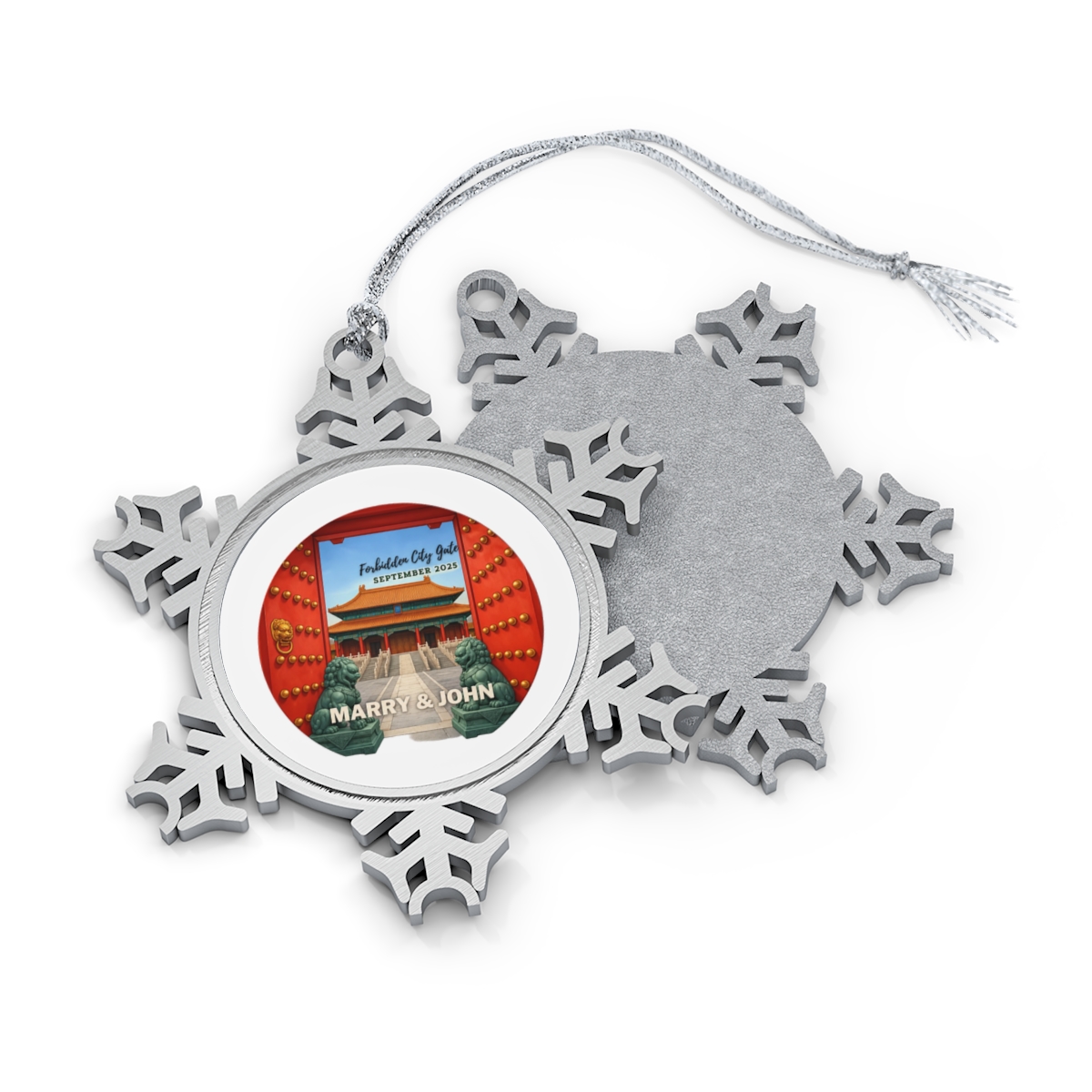 Circular Christmas tree decoration with a red gate design and the text "Forbidden City Gate SEPTEMBER 2025". The ornament shows a Chinese palace and the names "MARRY & JOHN" - Official Creator merchandise